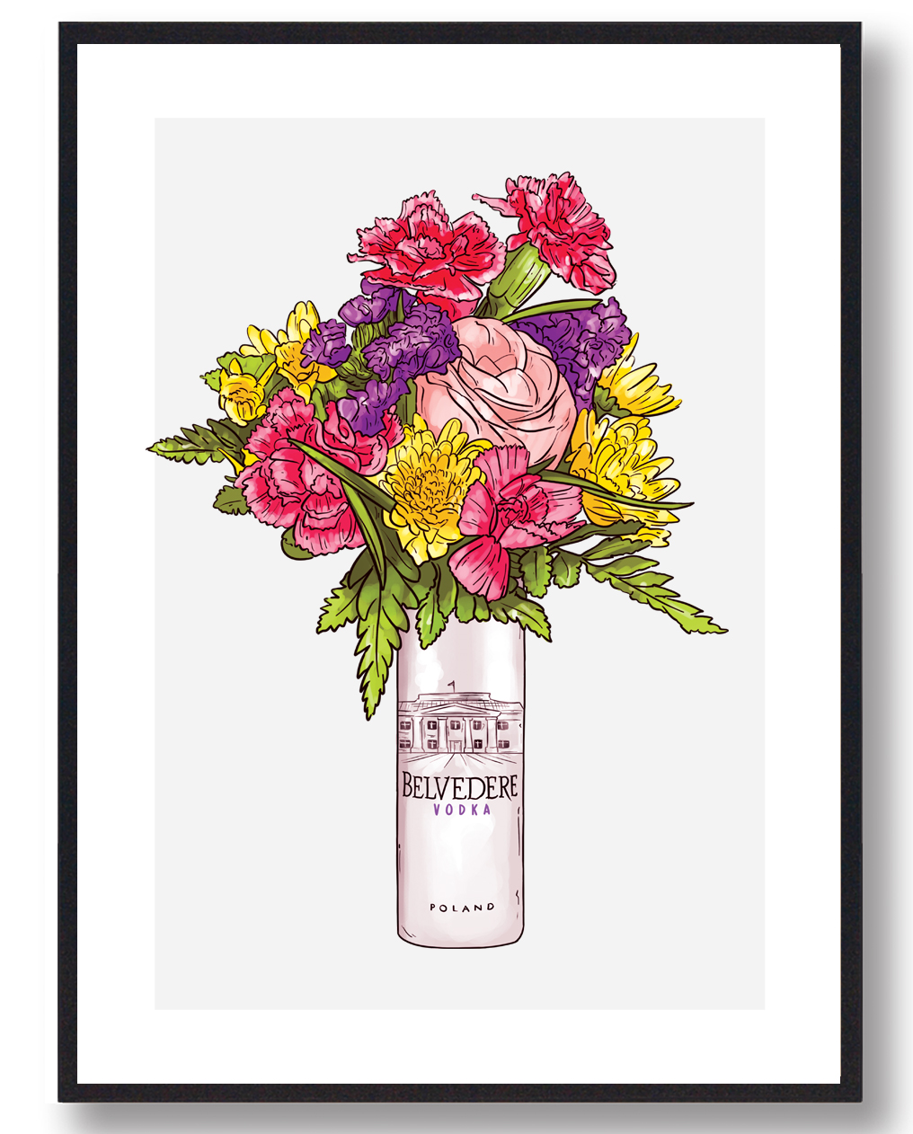 Blomster Belvedere Vodka Plakat – Grå Vægkunst til Hjemmet