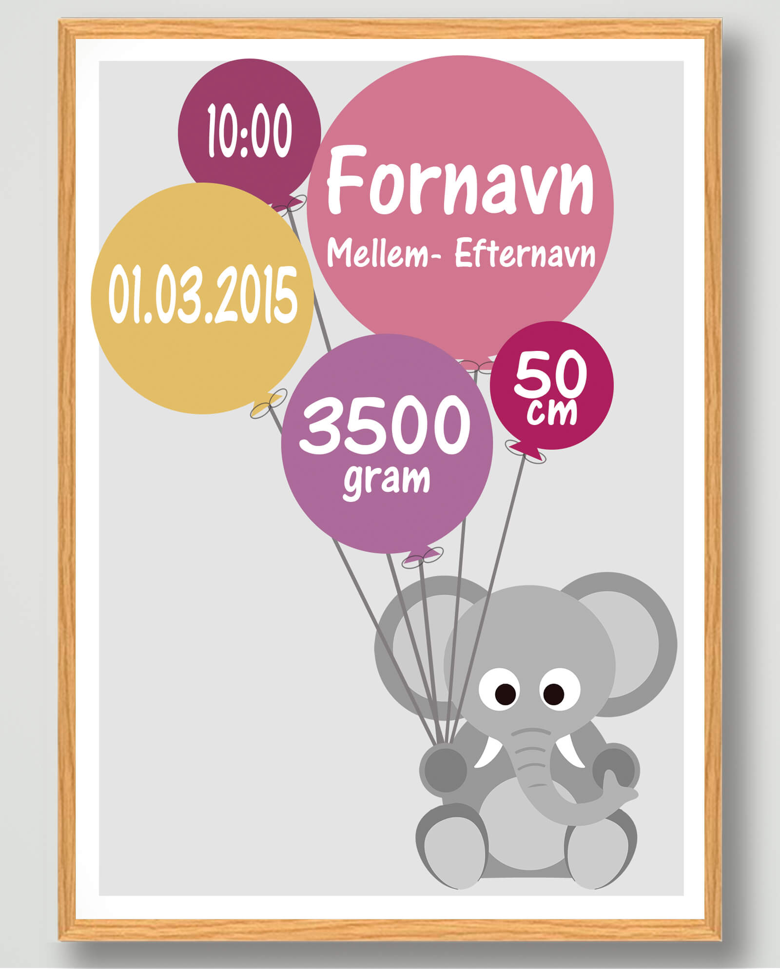 Personlig fødselsplakat med elefant til børneværelset