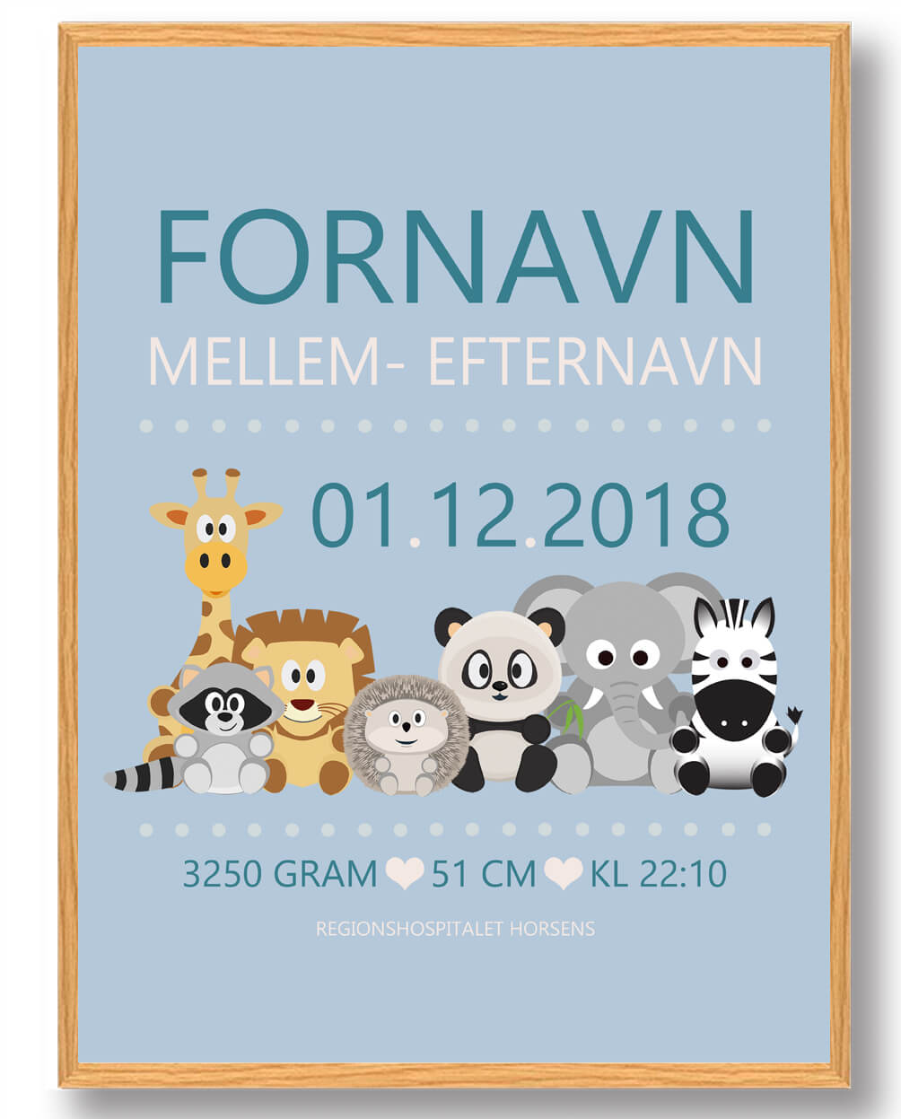 Fødselstavle med Dyr – Blå Plakat til Nyfødte 50x70 cm