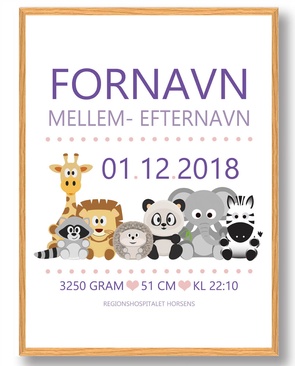 Fødselstavle med Lilla Dyr – Plakat til Børneværelset