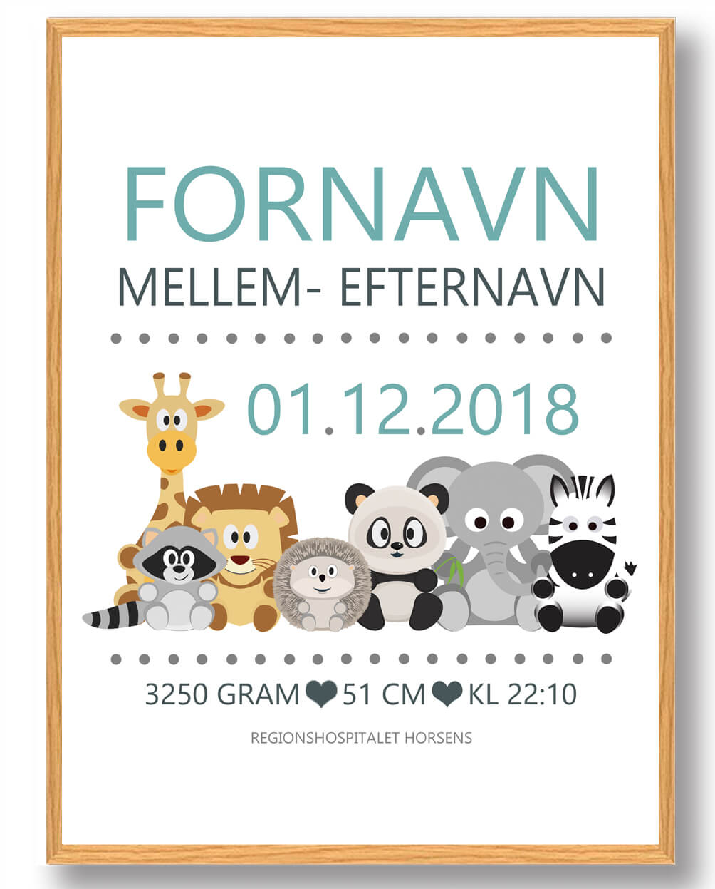 Lyseblå Fødselstavle med Dyr – Plakat til Barnedåb