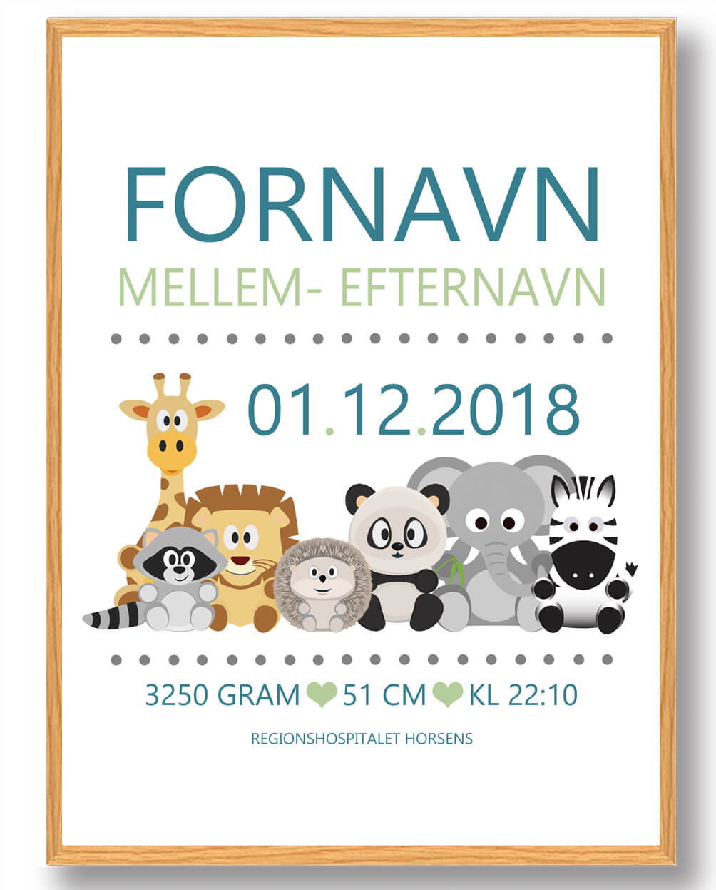 Fødselstavle Plakat med Dyr – Mørkeblå 30x40cm Tilbud!