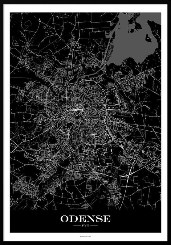 Bykort Plakat Odense – Elegant Design med Sort Baggrund