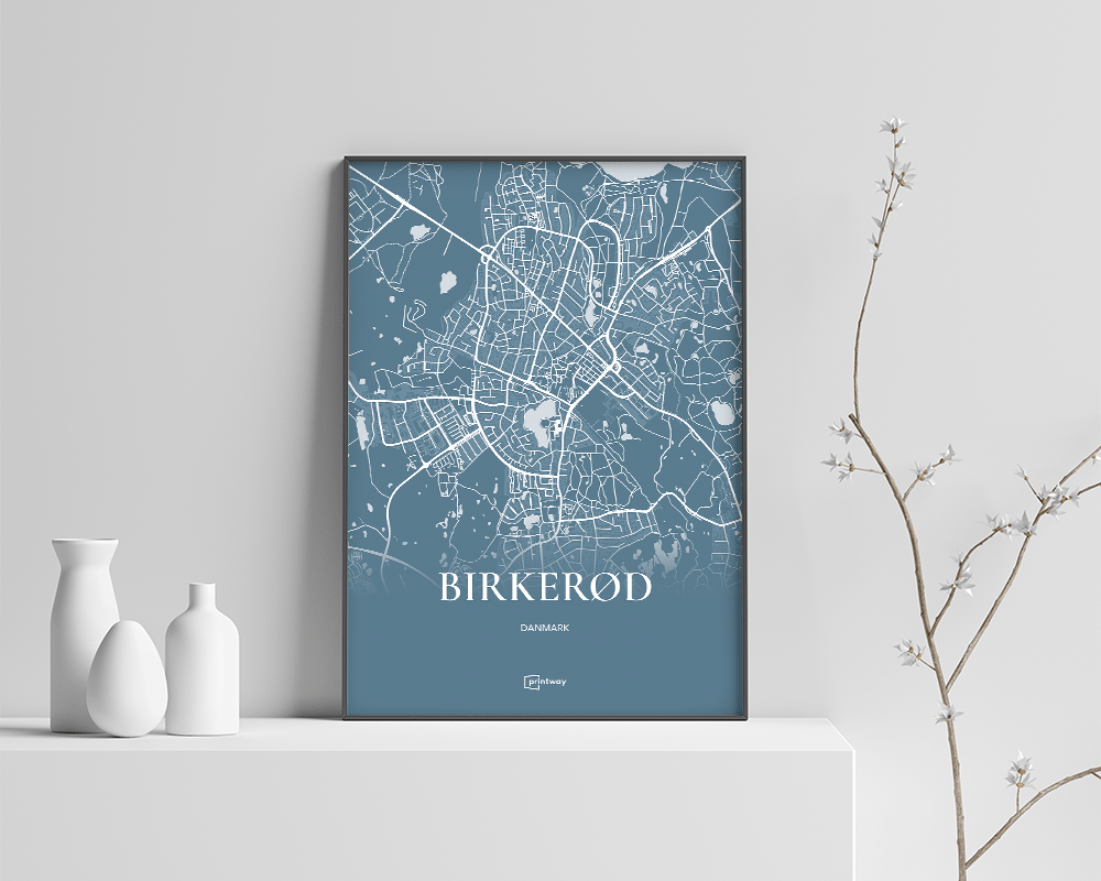 Birkerød Bykort Plakat - Minimalistisk Havblå Design