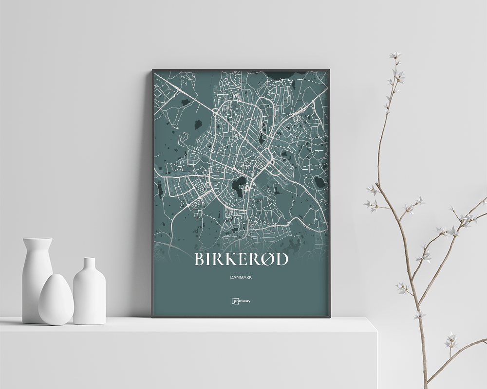 Birkerød Bykort Plakat i Skovgrøn – Unik Indretning 35x50 cm