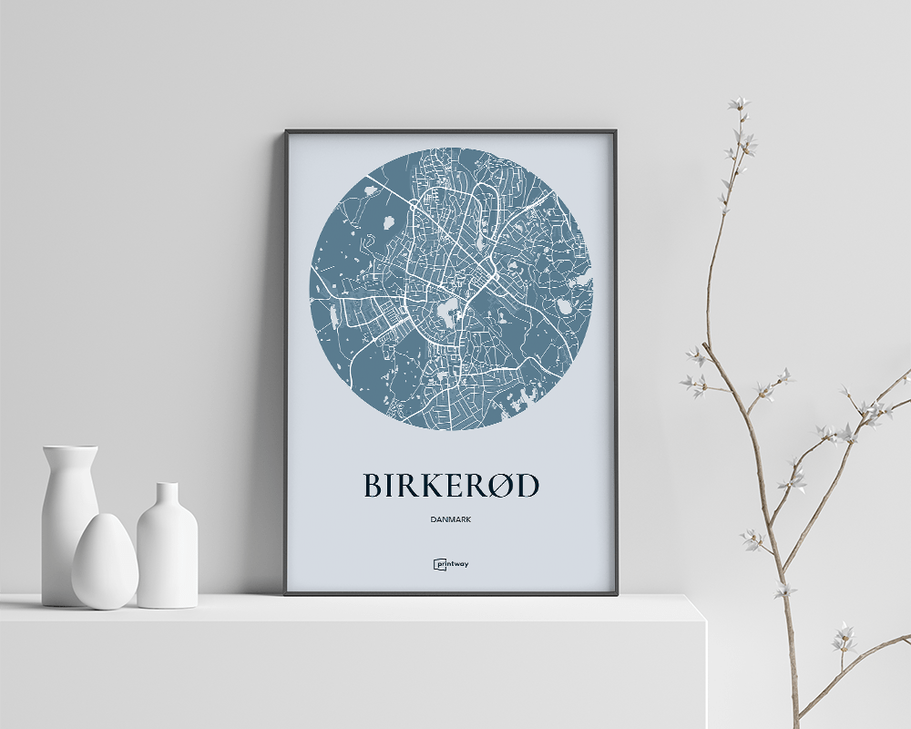 Birkerød Bykort Plakat – Minimalistisk Havblå Design