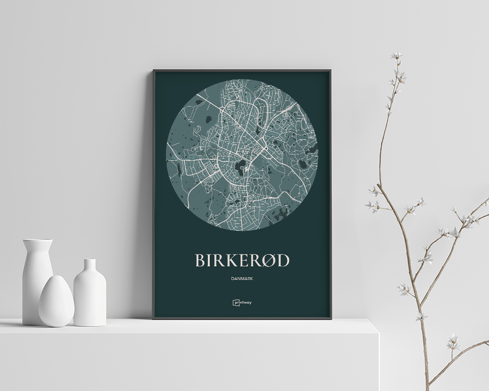 Birkerød Bykort Plakat - Skovgrøn A4 Design til Hjemmet