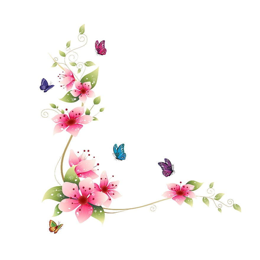 Lyserødt Vægklistermærke med Blomster og Sommerfugle Tilbud