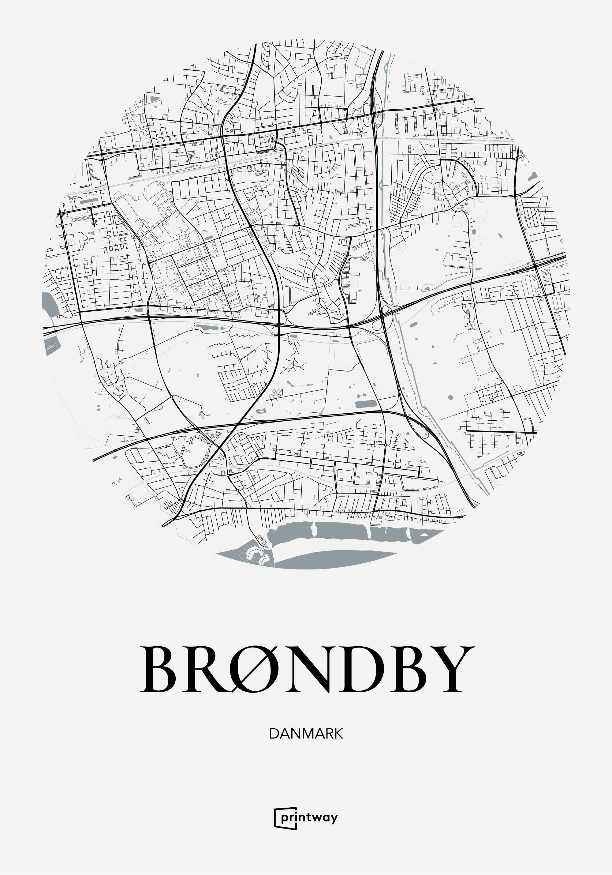 Brøndby Bykort Plakat – Minimalistisk Hvid Design