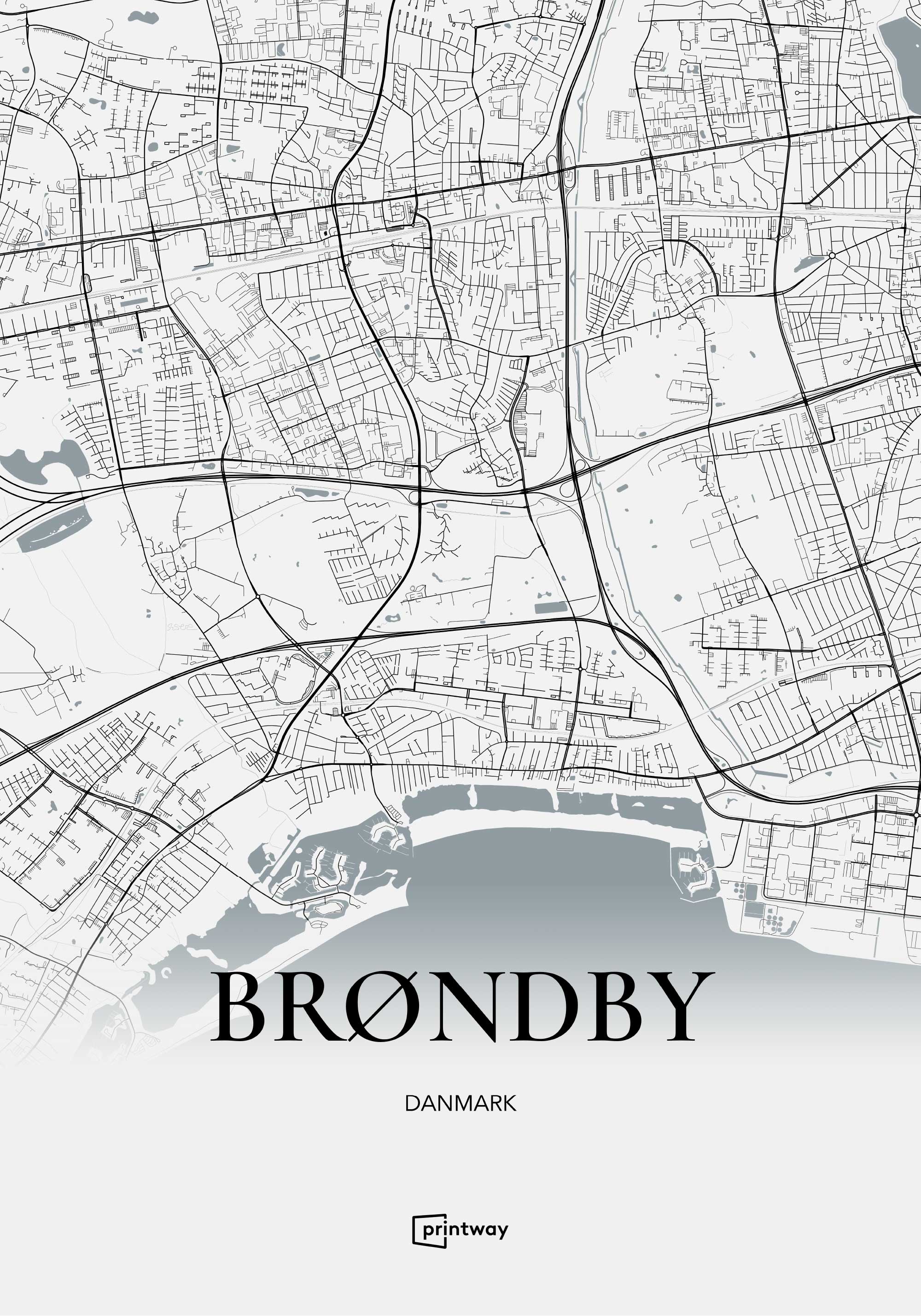 Brøndby Bykort Plakat – Minimalistisk Hvid Design 70x100 cm