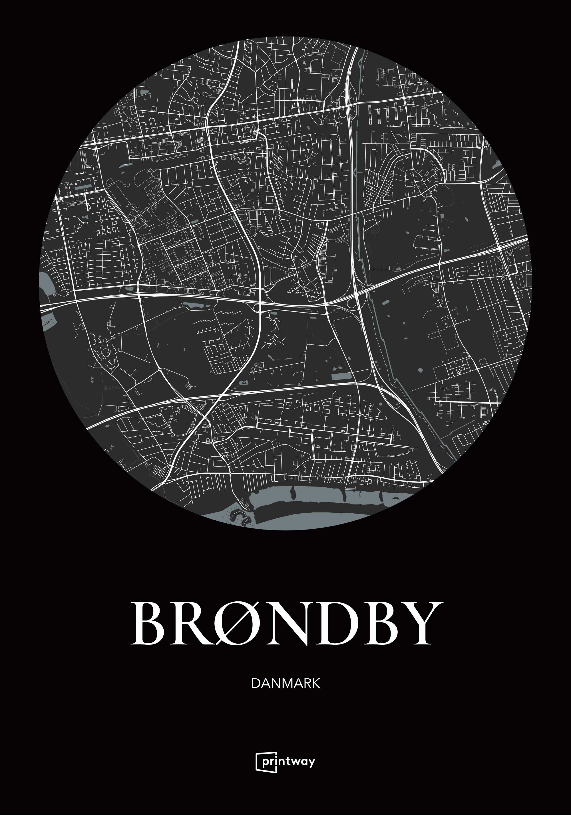 Brøndby Bykort Plakat i Sort - Minimalistisk Design