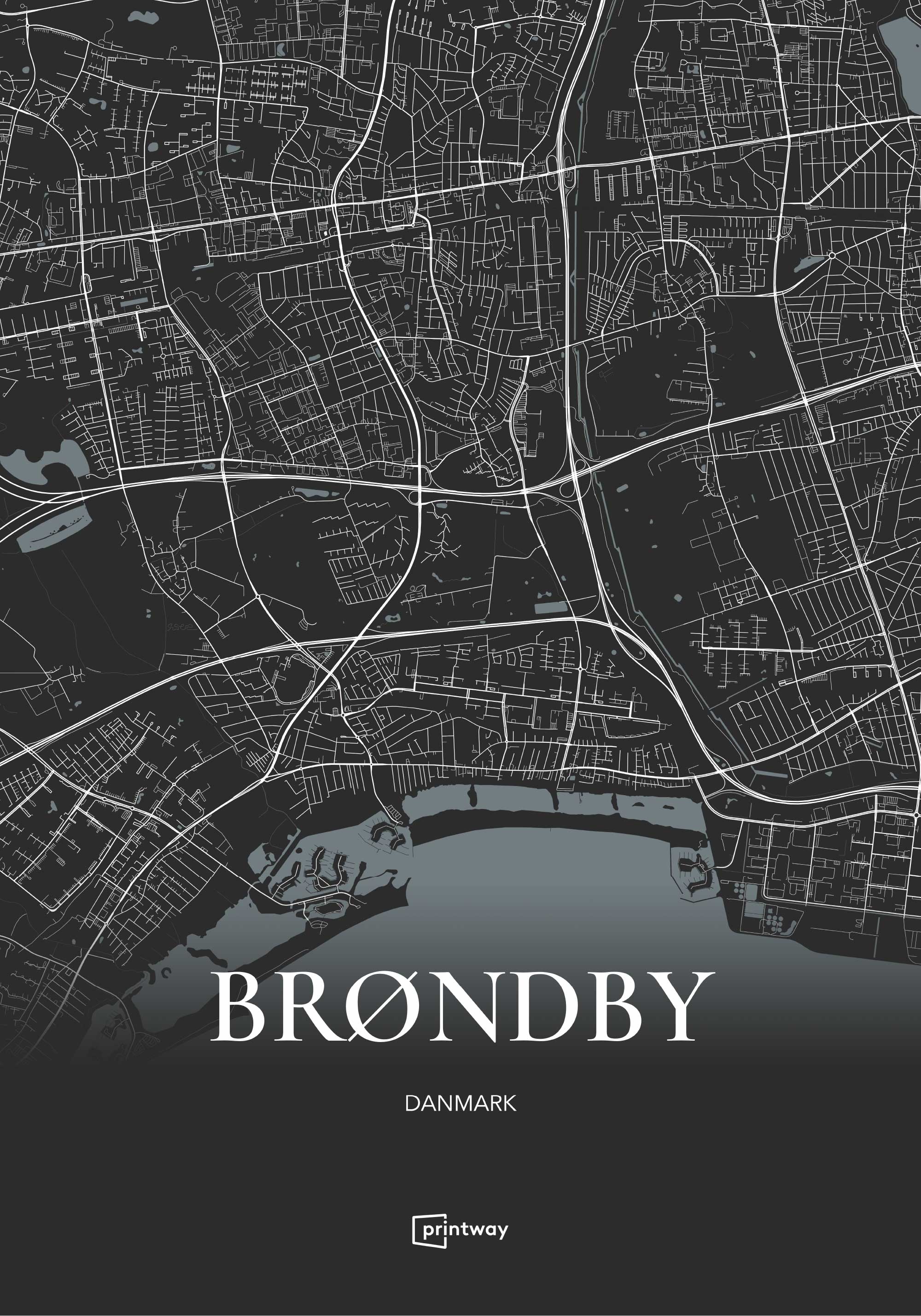 Brøndby Bykort Plakat – Minimalistisk Design i Sort