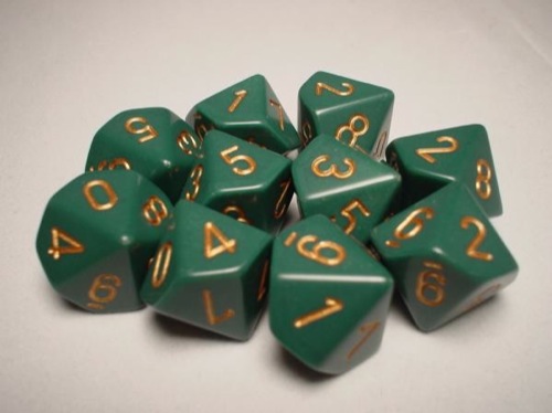Opaque D10 Terninger - 10 stk. Dusty Green med Guld