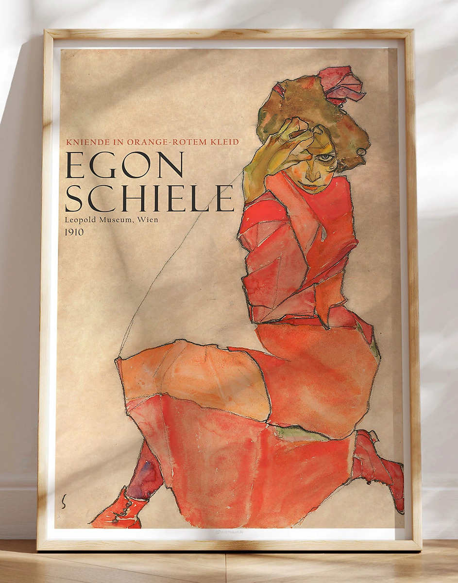 Egon Schiele Kneeling Female   Orange Red Dress