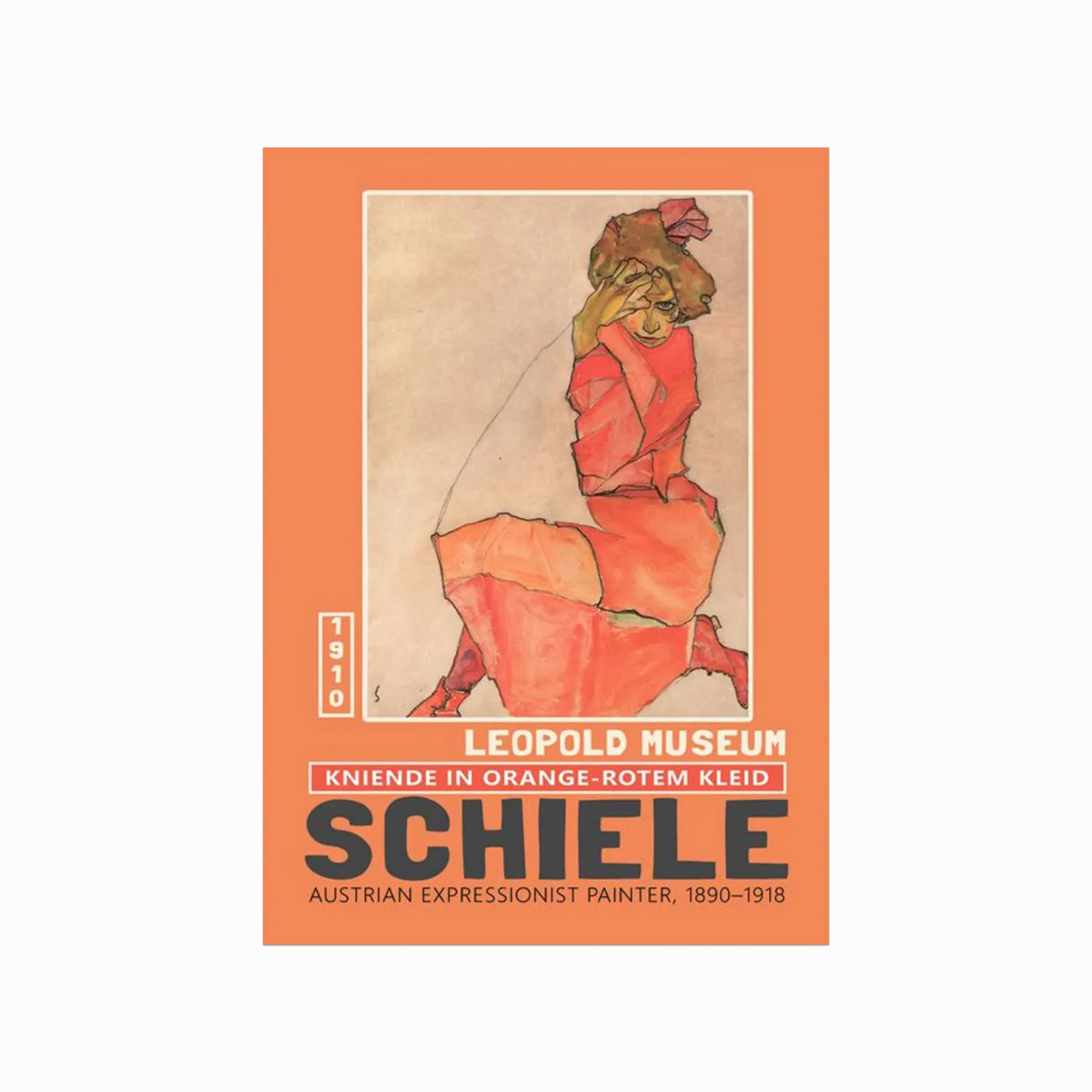 Egon Schiele Plakat: Knælende Kvinde i Rød Kjole - Kunstværk