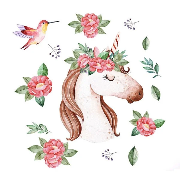 Magisk Enhjørning Wallsticker med Kolibri og Blomster