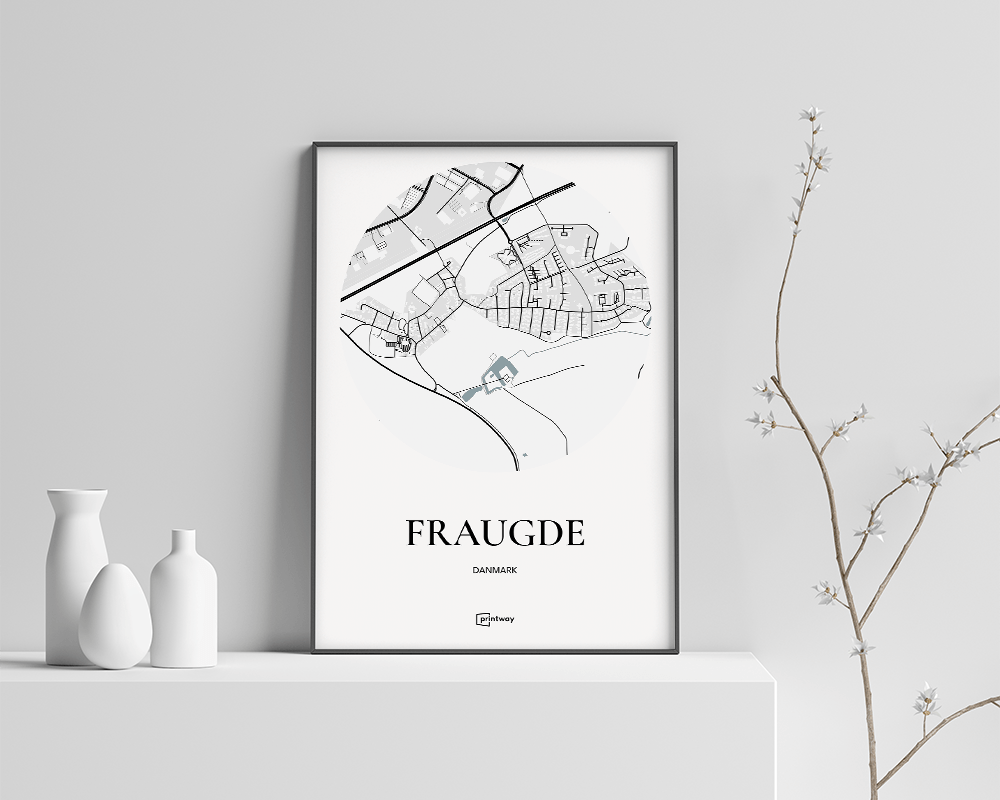 Fraugde Bykort Plakat - Minimalistisk Design i Hvid