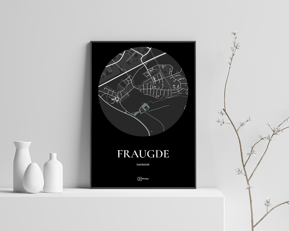 Fraugde Bykort Plakat - Minimalistisk Design i Sort
