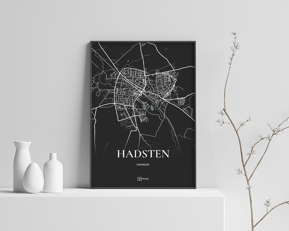 Hadsten Bykort Plakat - Minimalistisk Sort Design 70x100 cm