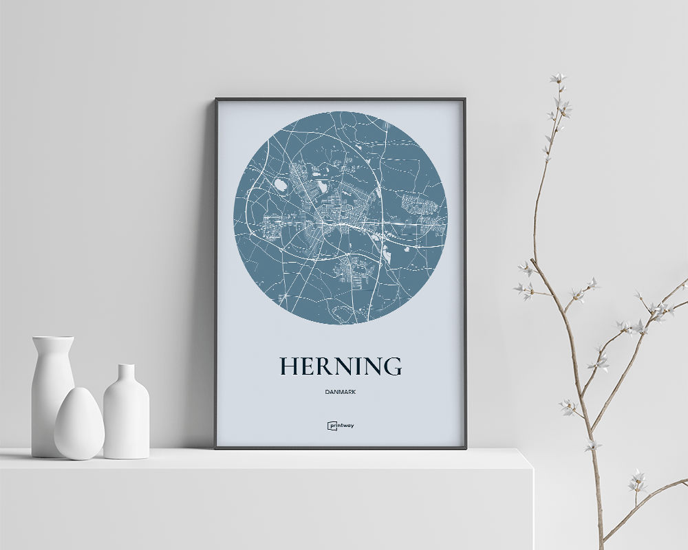 Herning Bykort Plakat i Havblå – Minimalistisk Design