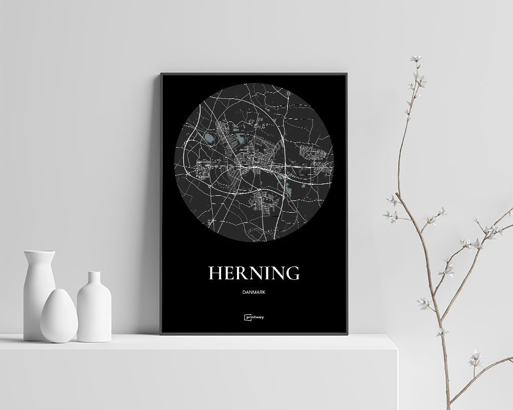 Herning Bykort Plakat – Minimalistisk Sort Design A4