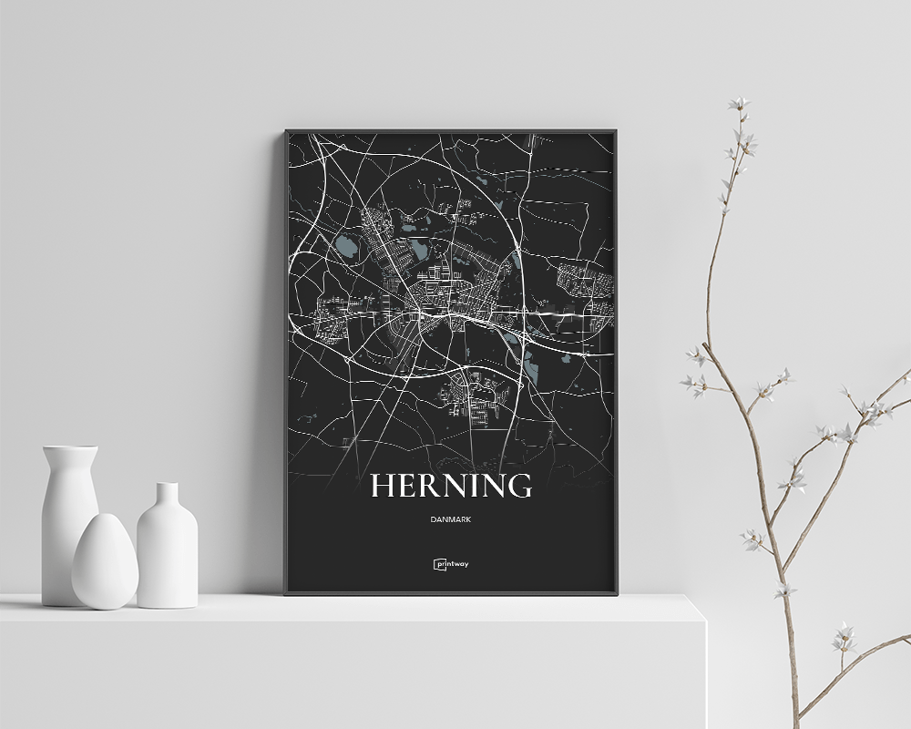 Herning Bykort Plakat - Sort Minimalistisk Design A4