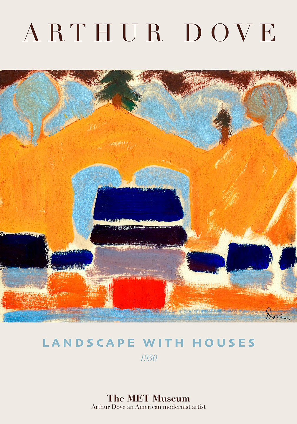 Unik plakat med huse i malerisk landskab – Kunst til hjemmet