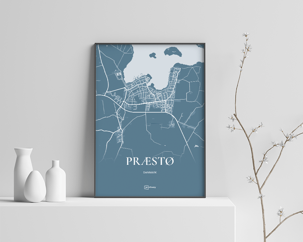 Præstø Bykort Plakat - Havblå Design til Dit Hjem