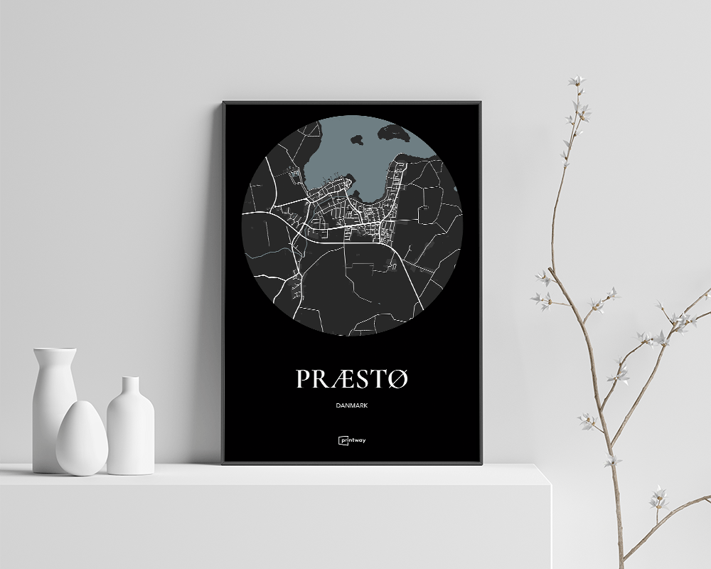 Præstø Bykort Plakat i Sort - Minimalistisk Design