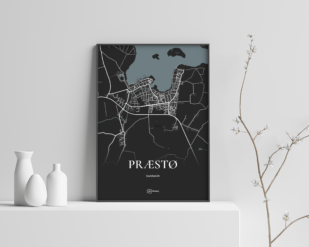 Præstø Bykort Plakat - Minimalistisk Design i Sort