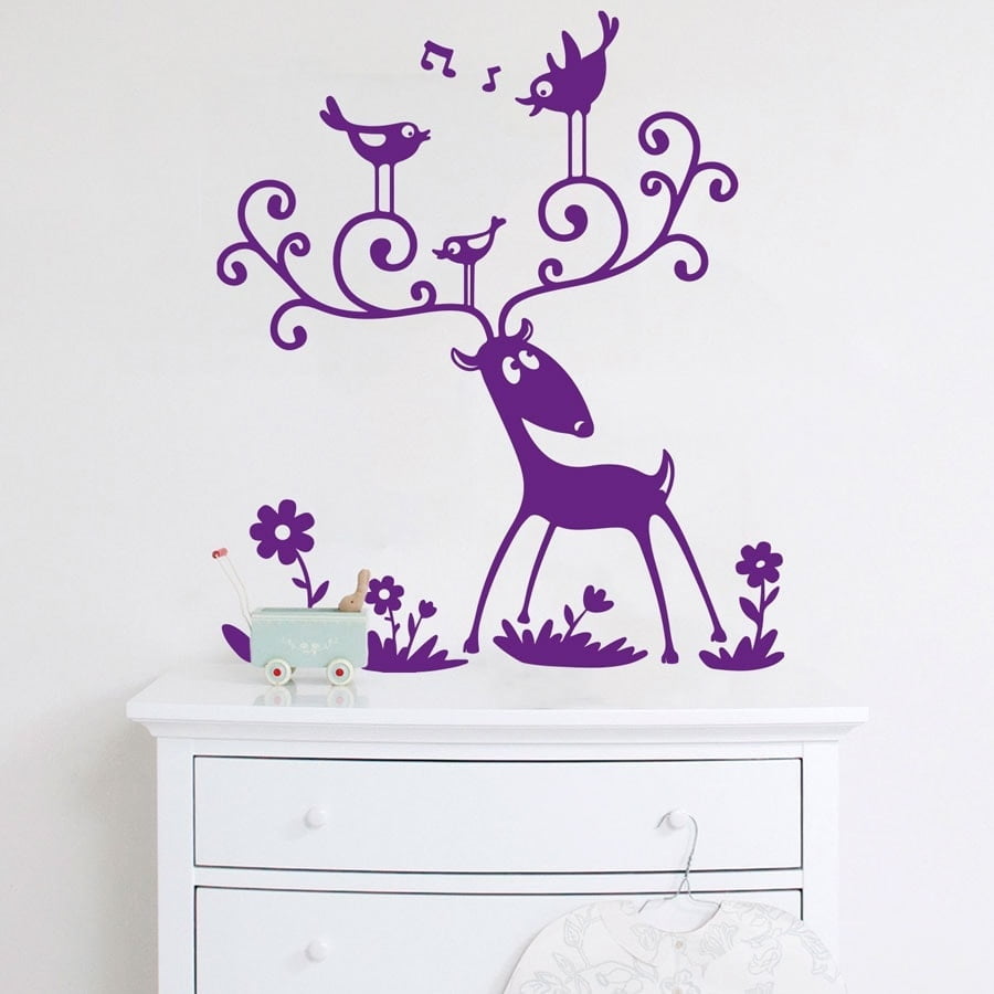 Rensdyr Wallsticker med fugle og blomster – Black Friday!