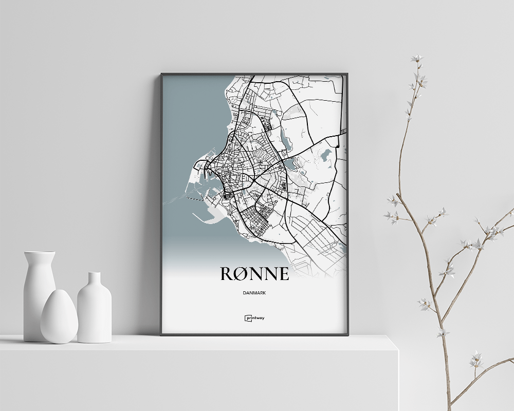 Rønne Bykort Plakat - Minimalistisk A4 Design til Hjemmet