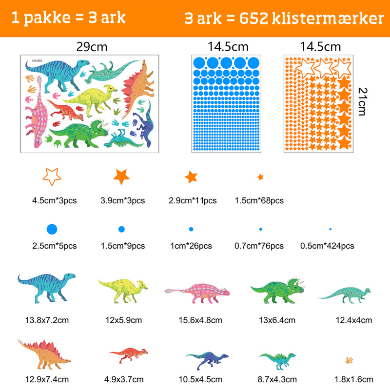 Selvlysende Dinosaur Vægklistermærker med Stjerner - 652 Dele