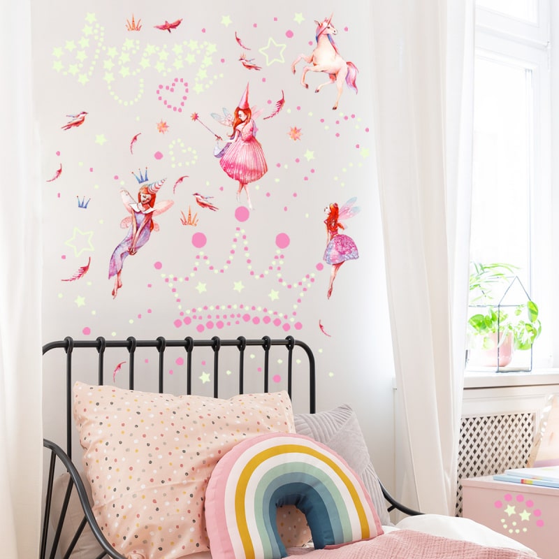 Selvlysende Wallsticker med Enhjørninger og Feer - 638 stk.
