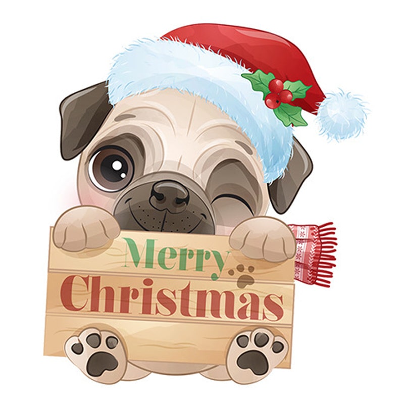 Sødt juleklistermærke med hund og "Glædelig Jul"