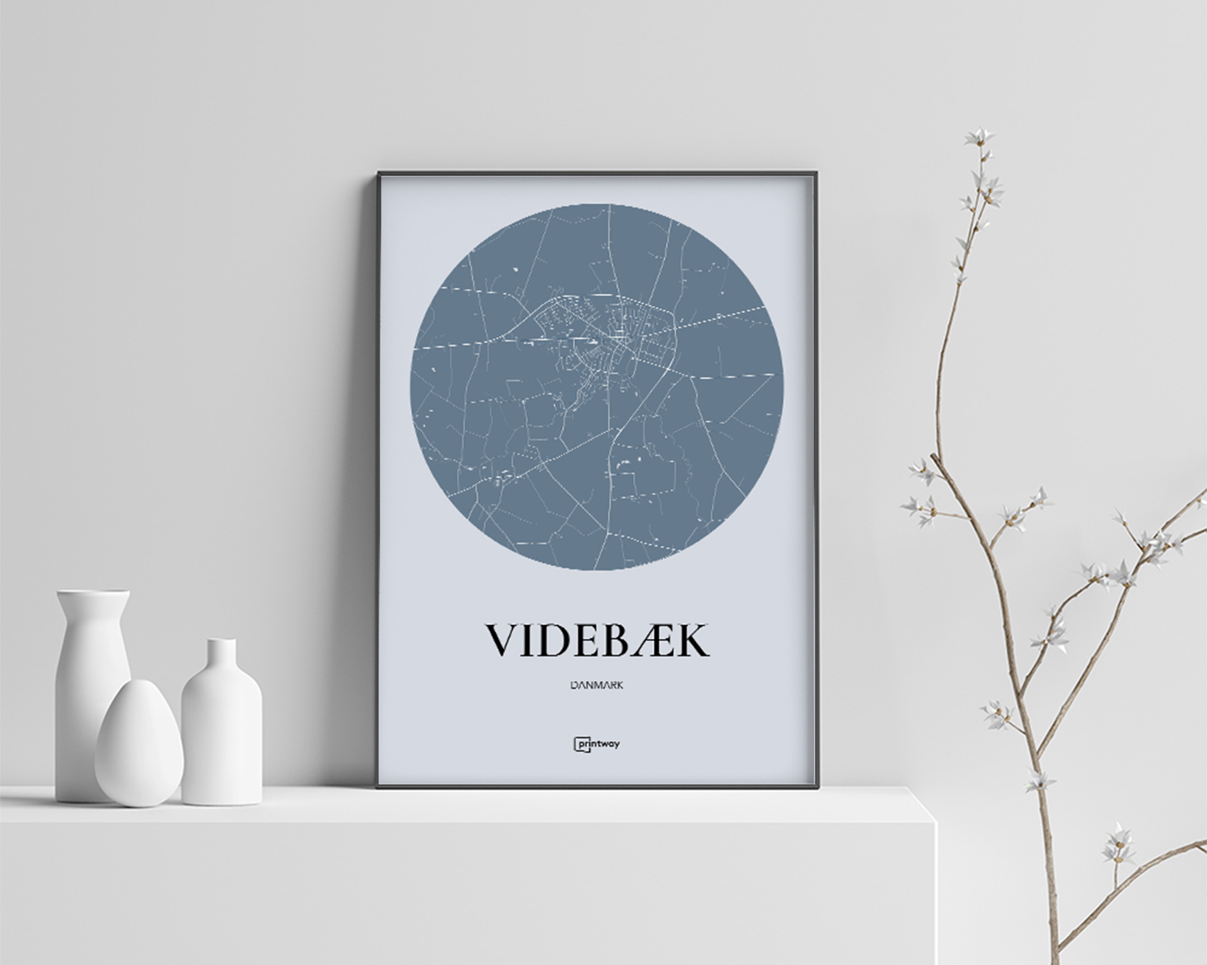 Videbæk Bykort Plakat – Elegant Havblå Design til Hjemmet