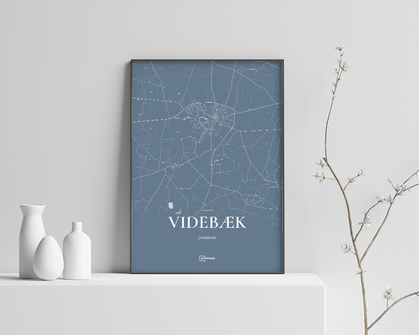 Videbæk Bykort Plakat - Havblå A4 til Dit Hjem