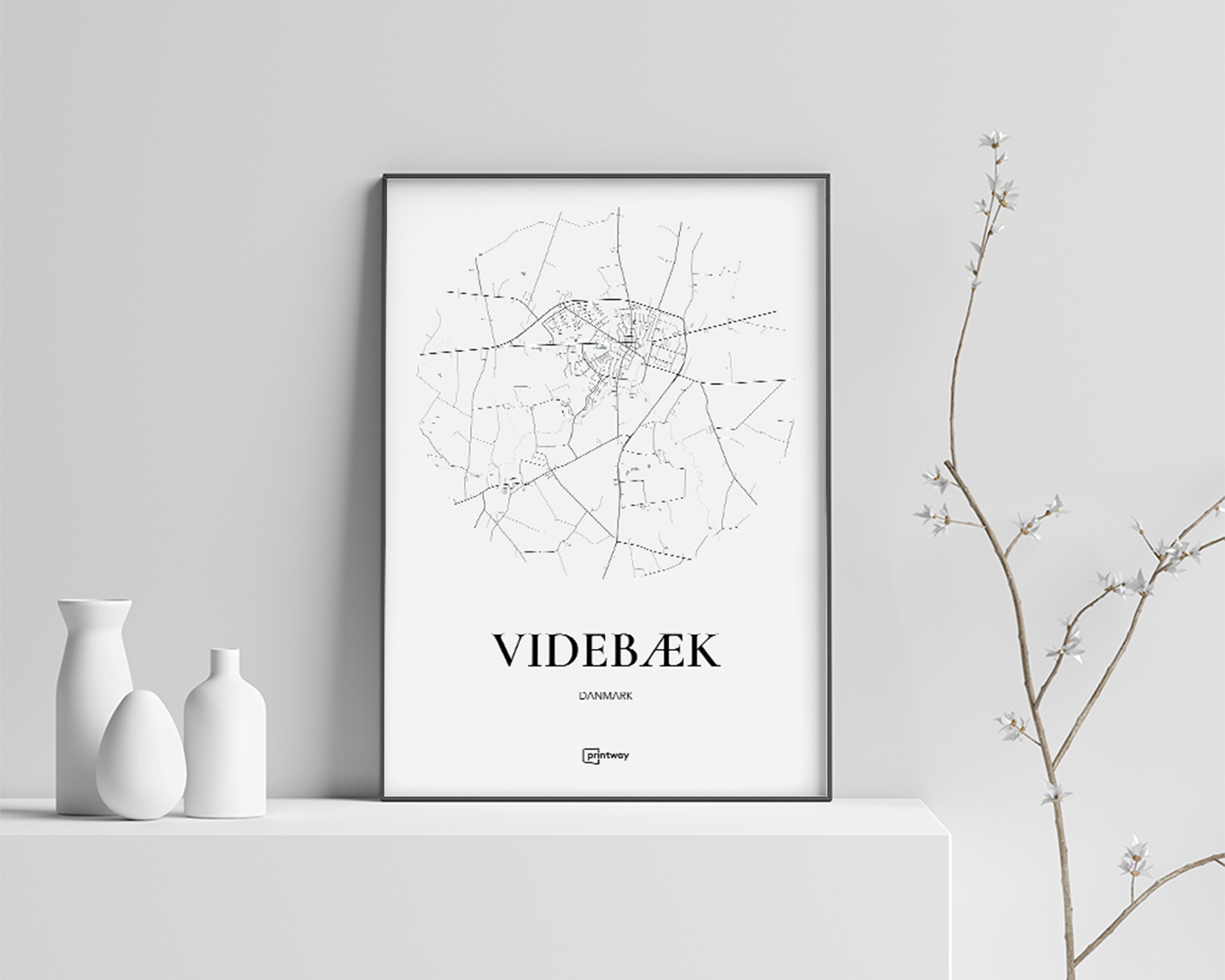 Videbæk Bykort Plakat – Minimalistisk Hvid Design