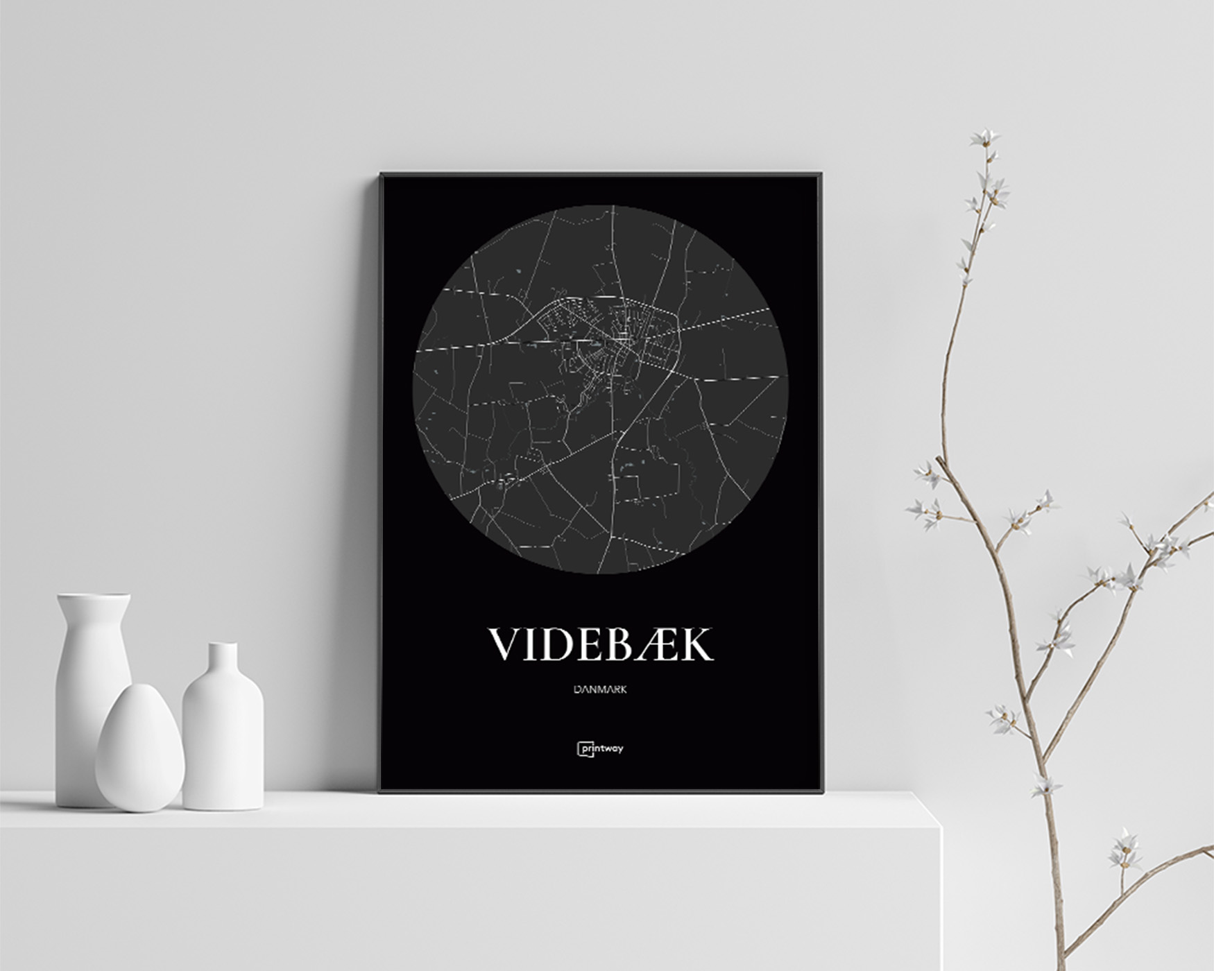 Videbæk Bykort Plakat - Minimalistisk Sort Design 70x100 cm