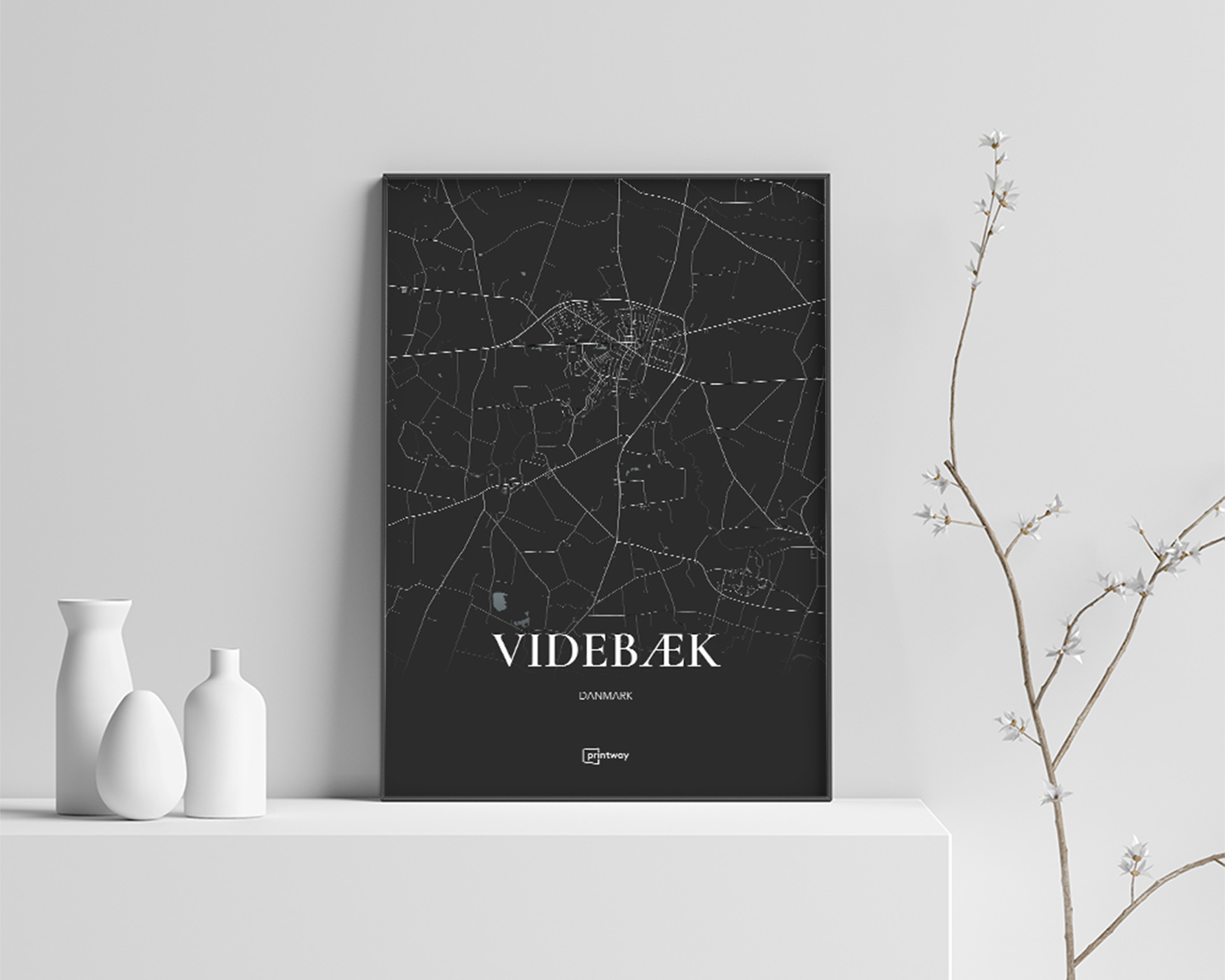 Videbæk Bykort Plakat – Elegant Sort Design til Dit Hjem