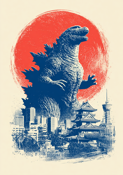 Japansk Plakat - Godzilla med Rising Sun Design