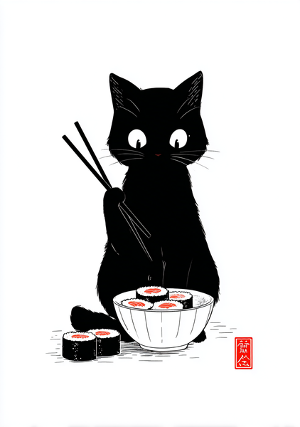 Japansk Plakat    Kat Med Sushi   Spisepinde