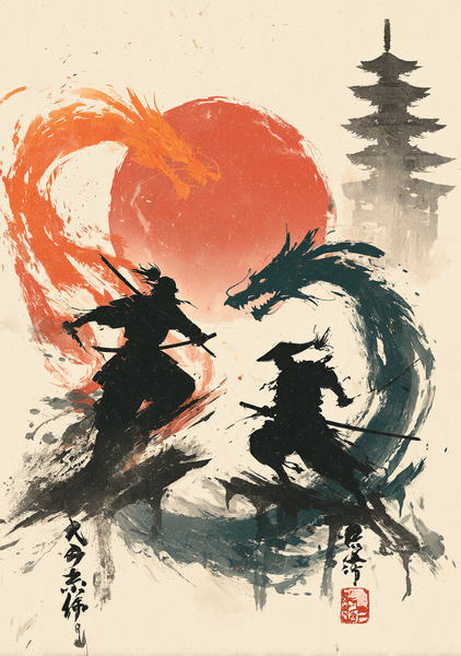 Japansk Plakat med Samurai og Drager – Unik Kunst til Dit Hjem