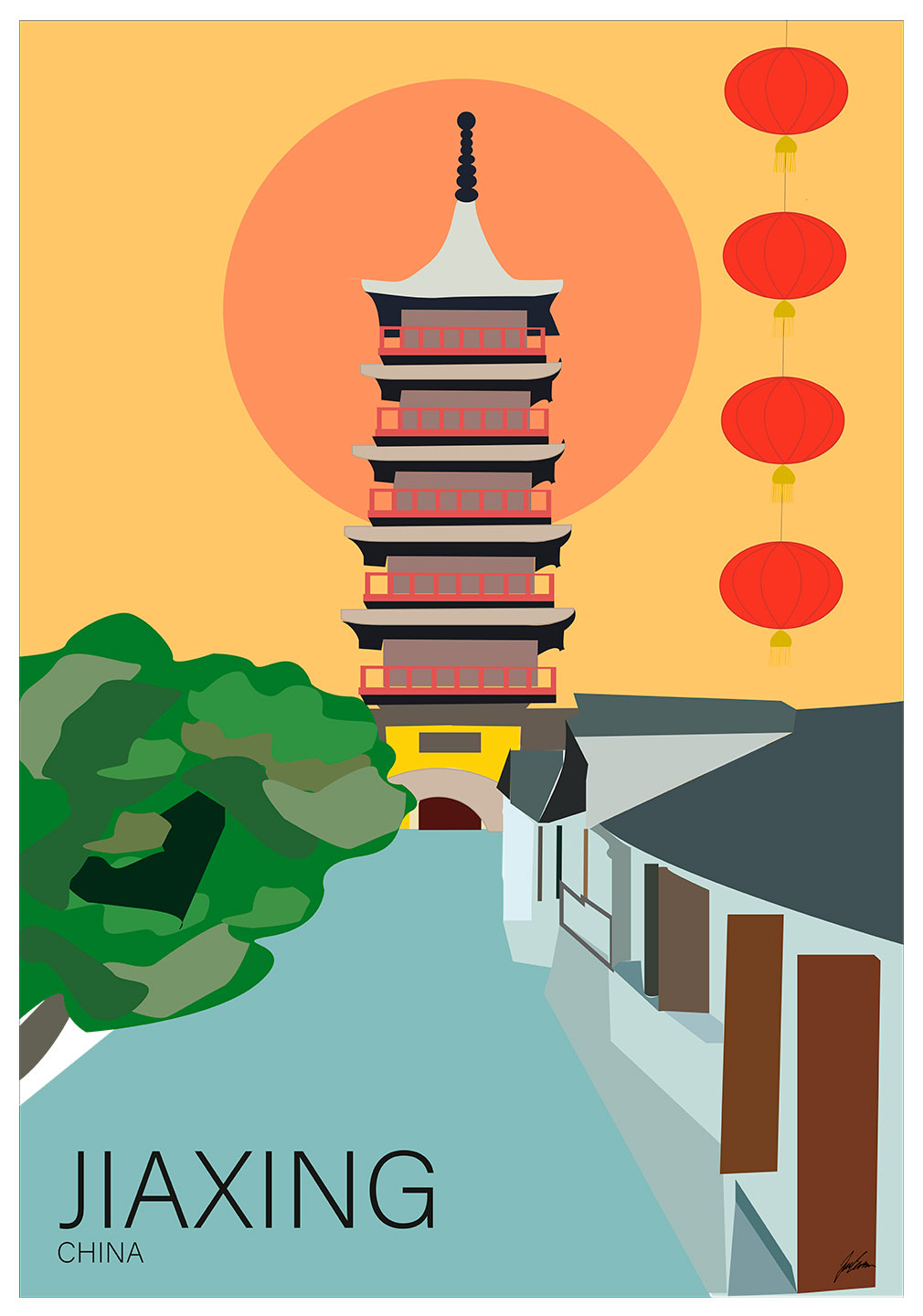 Jiaxing By Plakat – Unik Grafisk Kunst til Dit Hjem