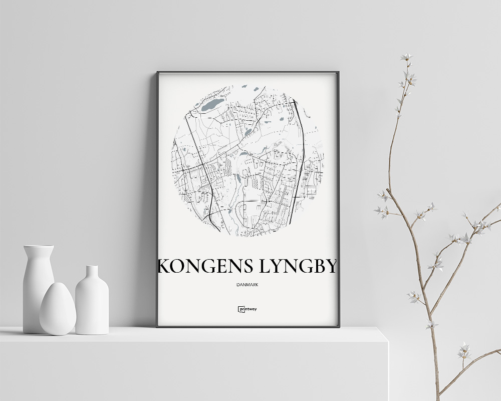 Kongens Lyngby Plakat – Minimalistisk Bykort i Hvid 70x100 cm
