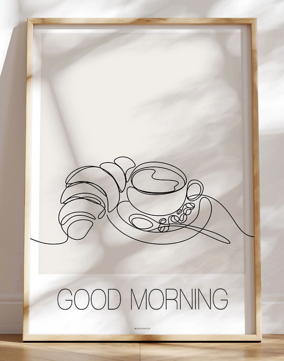 Line Art Plakat Med Kaffe   Croissant Good Morning