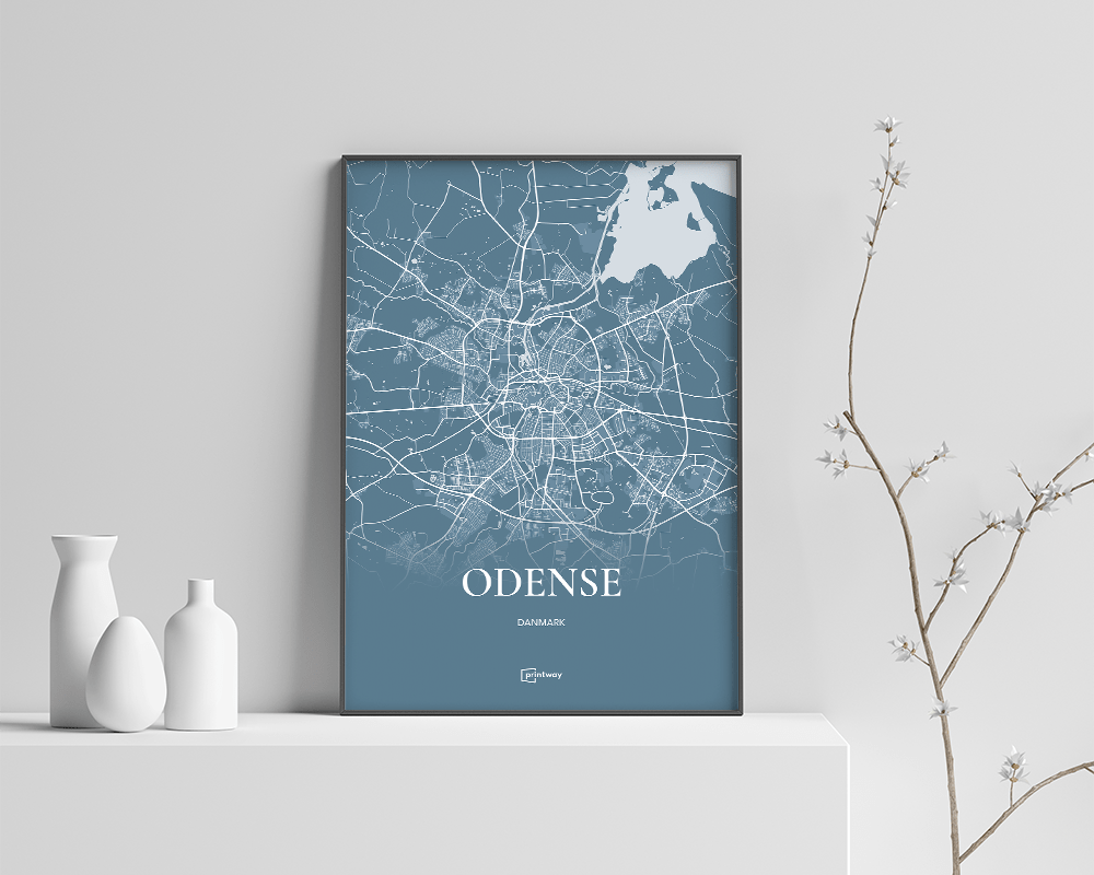 Odense Bykort Plakat - Havblå Minimalistisk Design A4