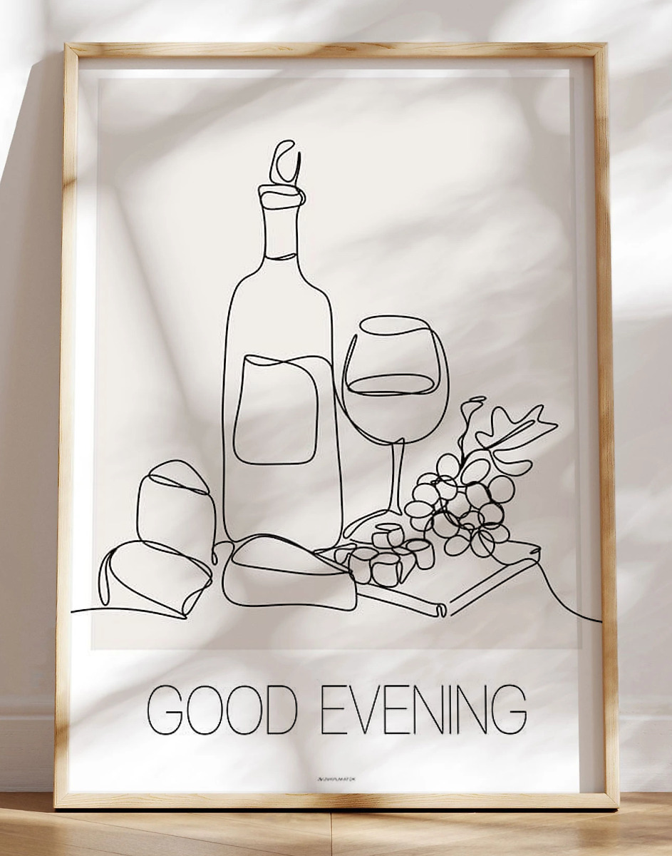 One Line Plakat Med Vin   Ost Good Evening