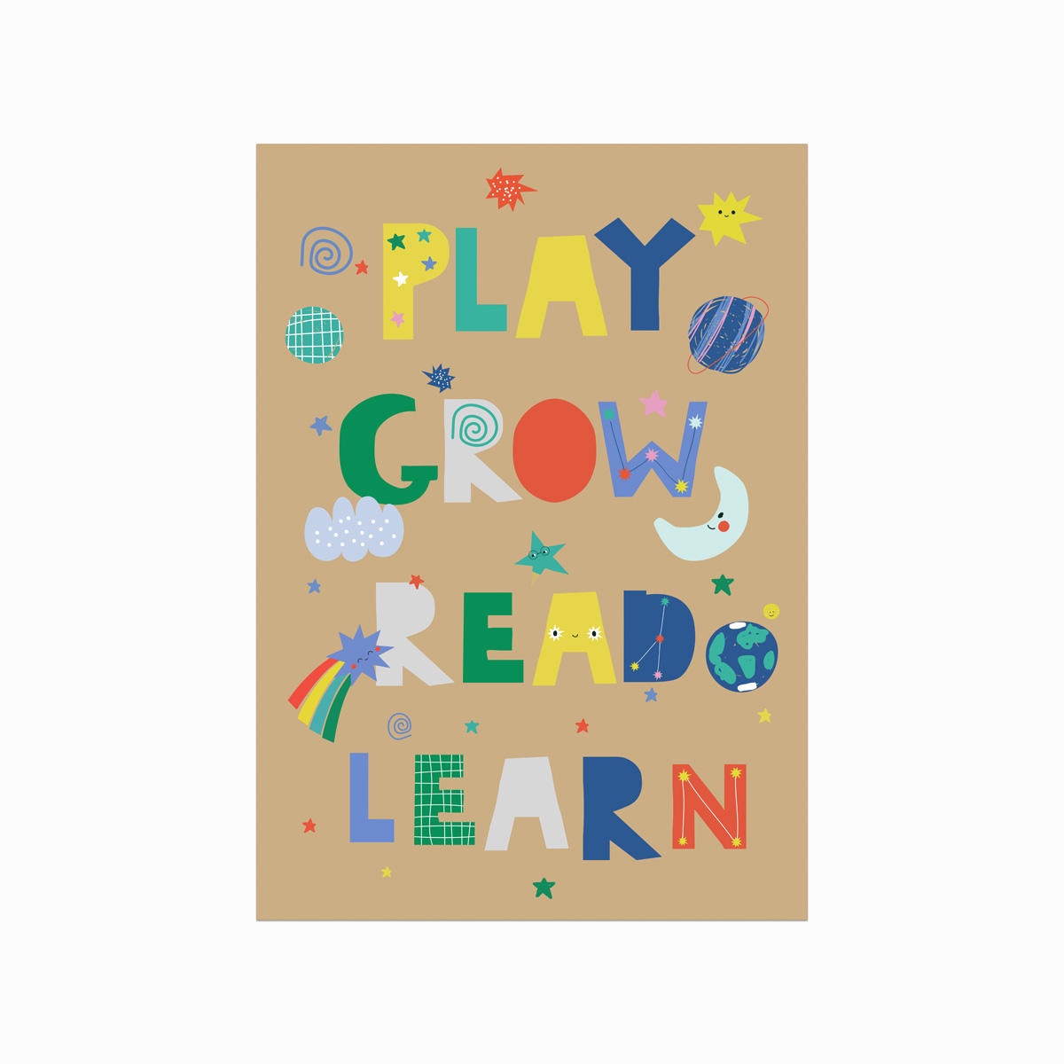 Inspirerende plakat til leg og læring – Play Grow Read Learn