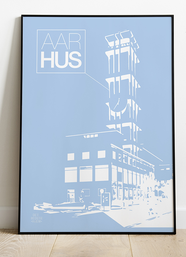 Aarhus Plakat med Rådhustårnet - Blå Baggrund A4